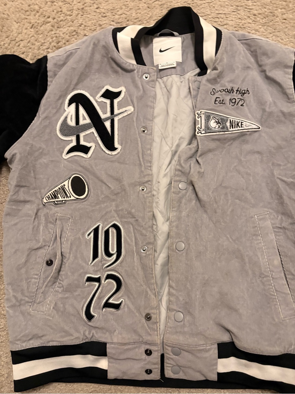 Nike Gray and Black Varsity Jacket with Embroidered Patches